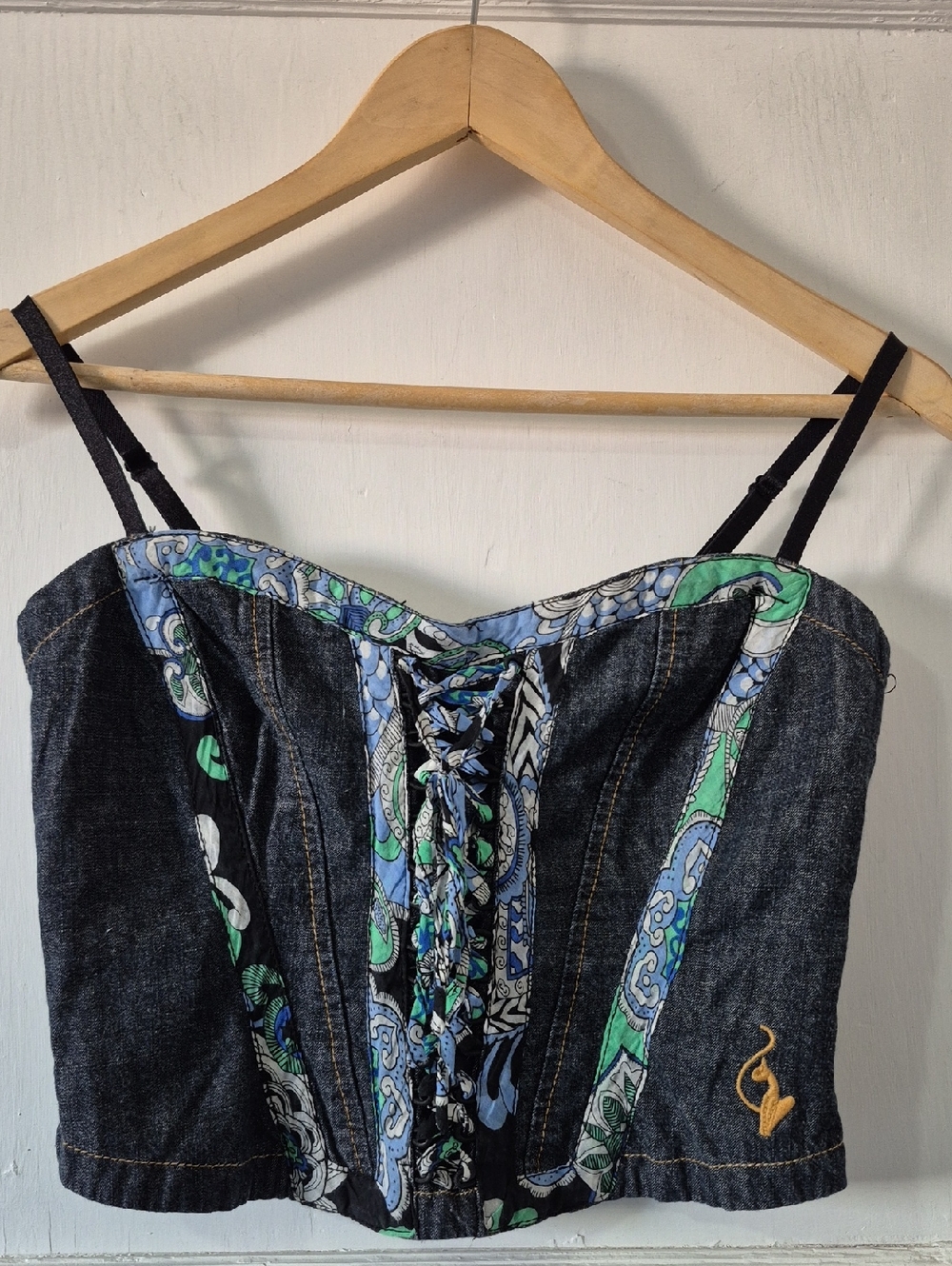 Vintage Y2K Baby Phat Denim Lace-Up Corset Bustier Top Paisley Trim Sz M